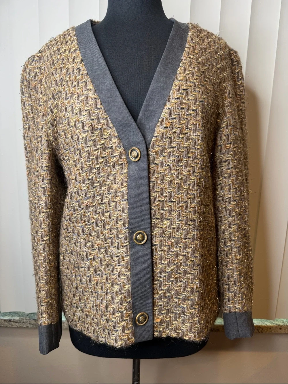 Poly Watson Tweed Brown Gold Button-Front Cardigan Size 12
